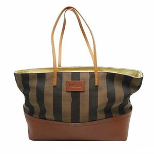 Fendi Tote Bag Canvas Leather Pequin Pattern Brown
